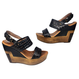 Musse & Cloud Shoes Womens 39 8 8.5 Black Platform Wedges Heels Chunky Peep Toe